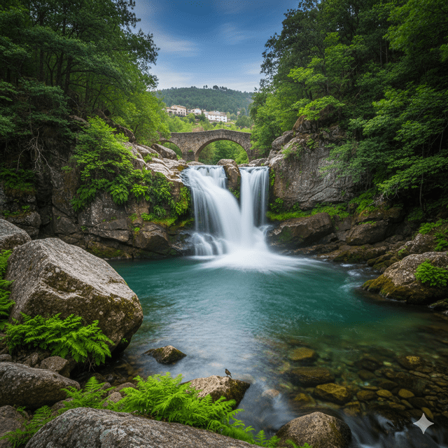 Una cascada cae en una poza turquesa en un bosque exuberante, con un puente de piedra y un pequeño pueblo al fondo.