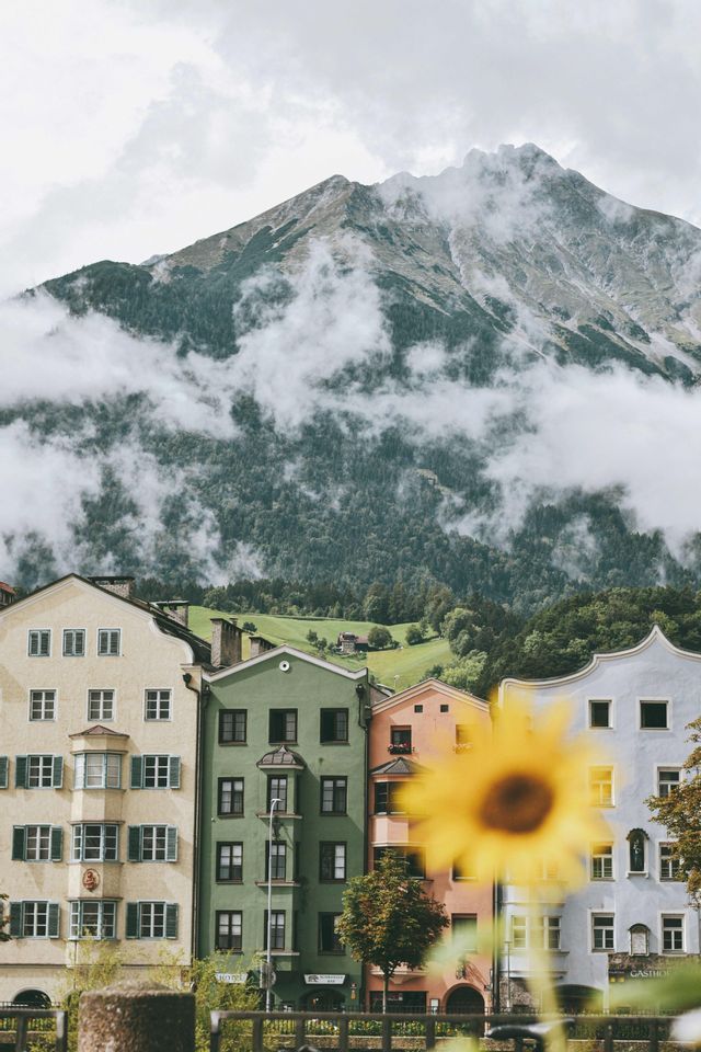 Une rangée de bâtiments colorés se dresse au pied d'une grande montagne couverte de nuages, avec un tournesol jaune flou au premier plan.