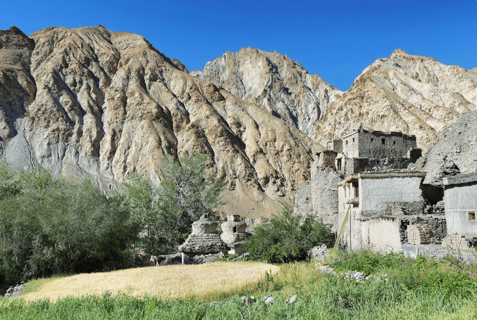 Stone buildings and small stupas are nestled into a rugged mountainside, overlooking a green field and trees under a clear blue sky.