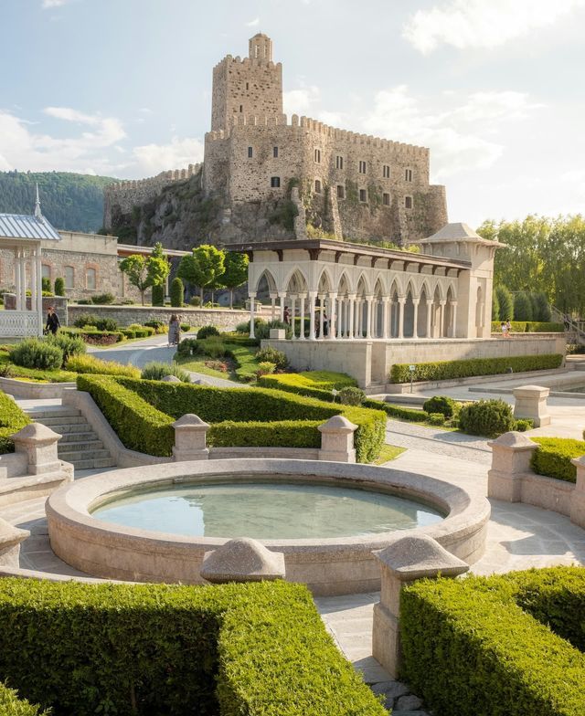 Un château de pierre sur une colline rocheuse surplombe un jardin à la française avec une fontaine ronde, des haies taillées et un pavillon de pierre.
