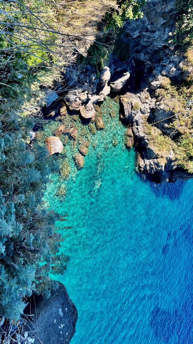 Una vista aerea di una costa rocciosa dove l'acqua limpida e turchese rivela pietre sommerse accanto alla vegetazione verde.