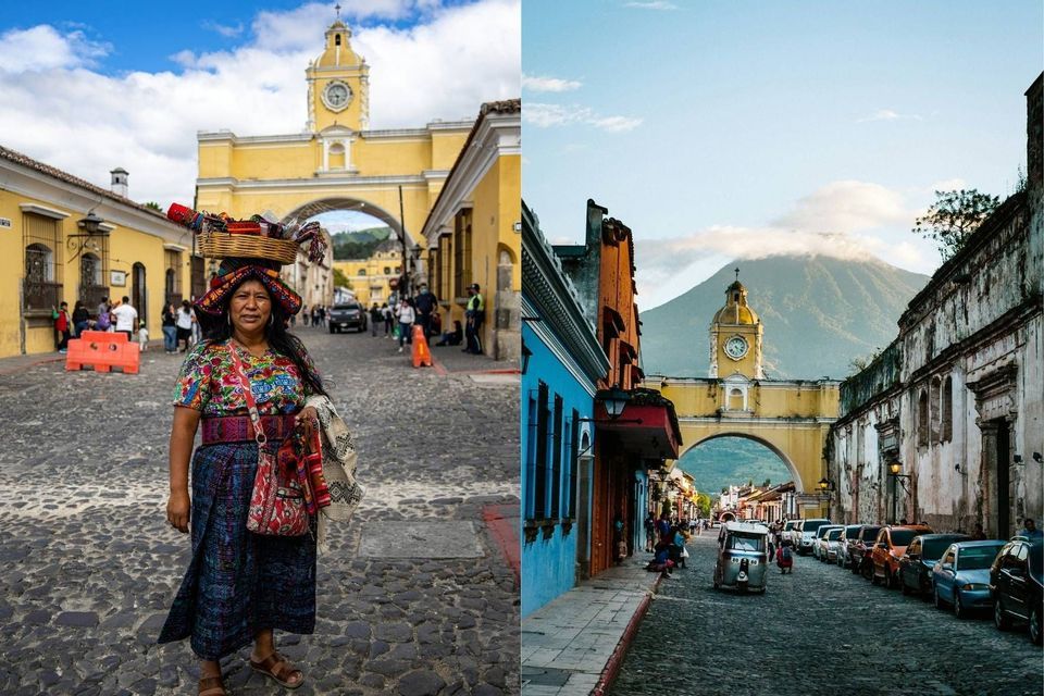 Diptychon: Frau in Tracht, Kolonialstraße mit gelbem Bogen und Vulkan.