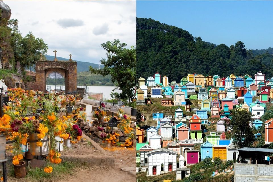 Ein geteiltes Bild zweier Friedhöfe: der eine zeigt mit Ringelblumen geschmückte Gräber, der andere farbenfrohe Grabstätten auf einem bewaldeten Hügel.