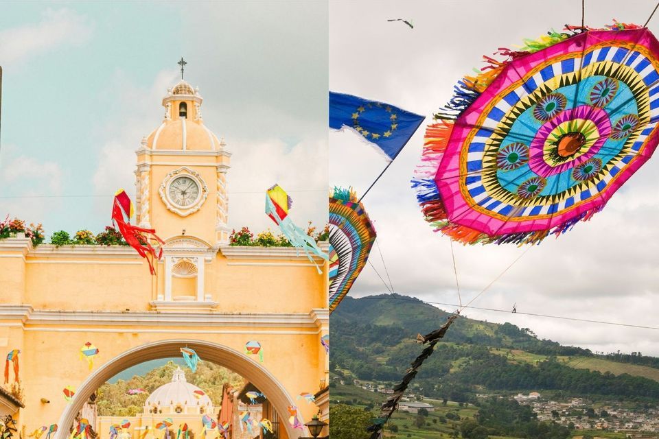 Ein Diptychon zeigt einen gelben Uhrenturmbogen, verziert mit Drachen, und einen großen, bunten Drachen, der über einer grünen, hügeligen Landschaft fliegt.