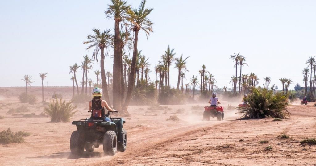 Un groupe WeRoad en quad sur une piste désertique poussiéreuse, entourée de grands palmiers.