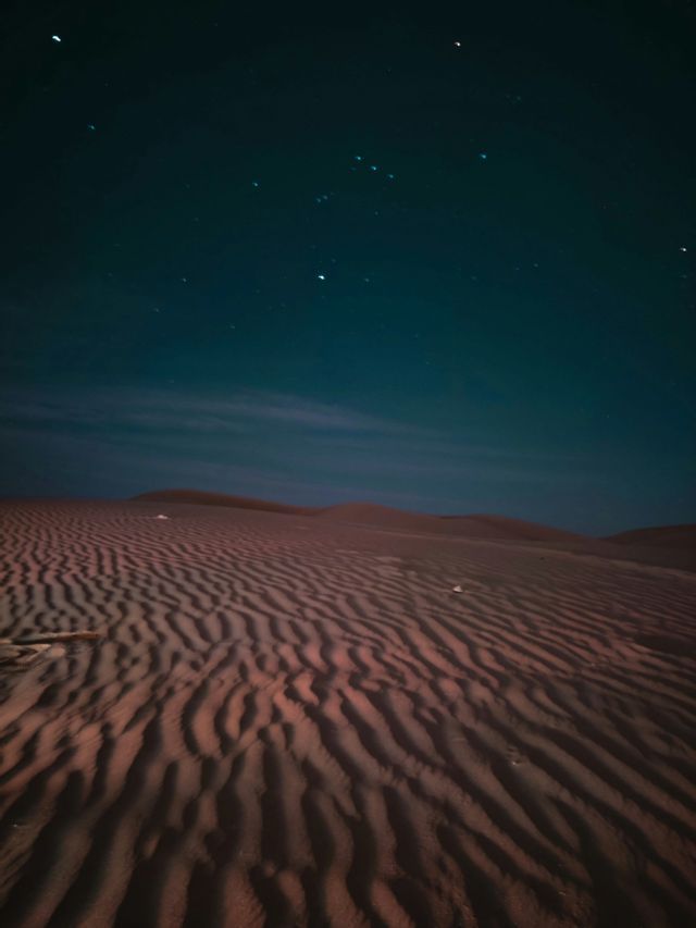Des dunes de sable ondulées s'étendent vers l'horizon sous un ciel sombre et étoilé la nuit.