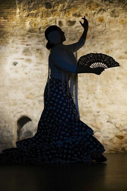 Eine Silhouette einer Flamenco tanzenden Frau mit einem schwarzen Fächer vor einer beleuchteten Steinwand.
