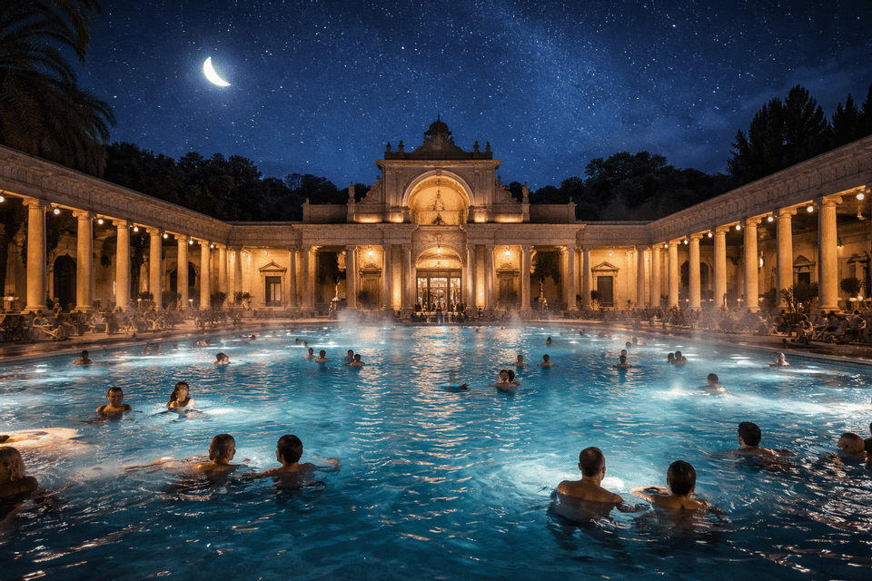 Bathers in the steaming outdoor pool of the Szechenyi baths in Budapest at night.