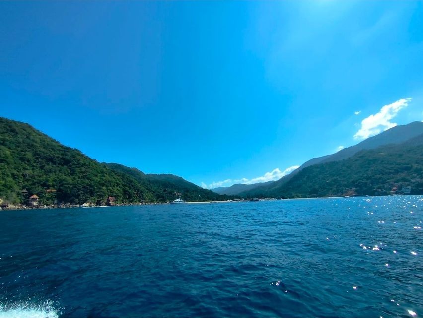 Uno scorcio dal mare di una costa montuosa e alberata, sotto un cielo azzurro e soleggiato, con una piccola barca in lontananza.