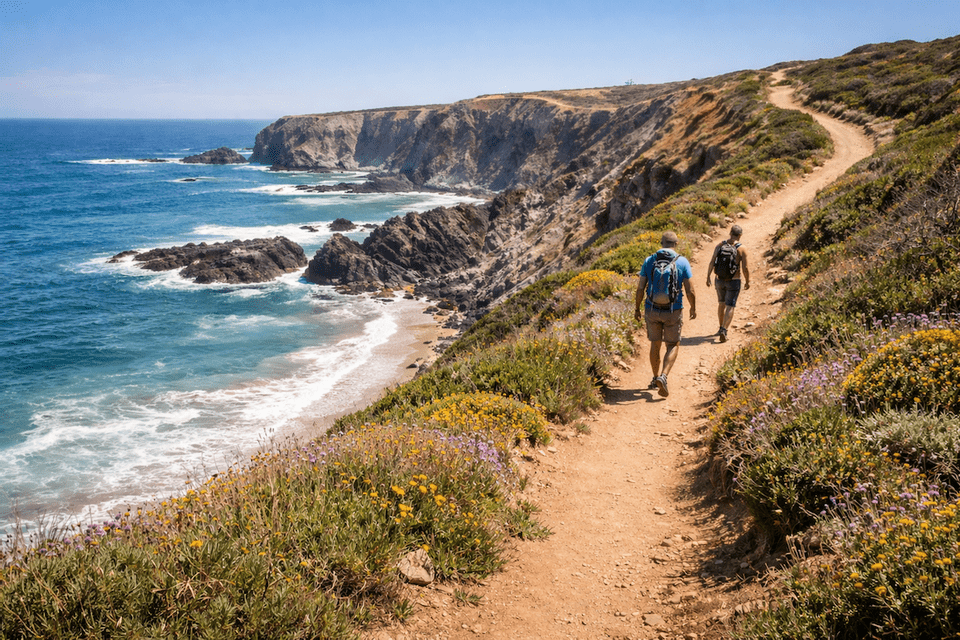 Due escursionisti con zaini camminano su un sentiero sterrato lungo una scogliera assolata che si affaccia su una costa rocciosa e sull'oceano.