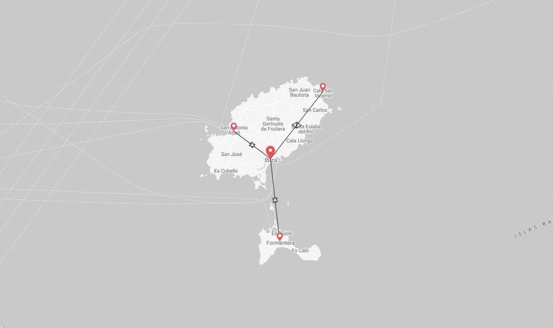 Mapa de Ibiza y Formentera con itinerario de viaje y paradas en San Antonio, Ibiza ciudad y Cala San Vicente.