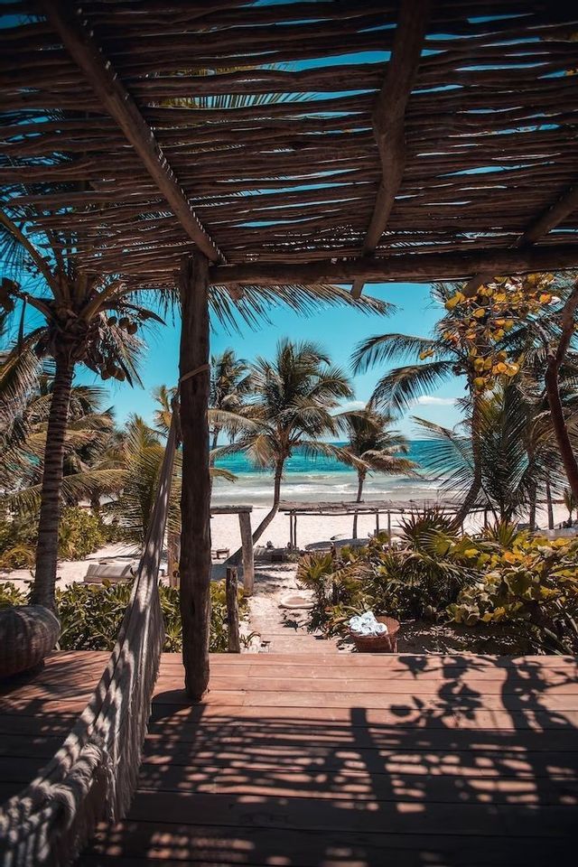 A view from a rustic wooden deck looking out onto a sandy tropical beach with palm trees and turquoise ocean waves.