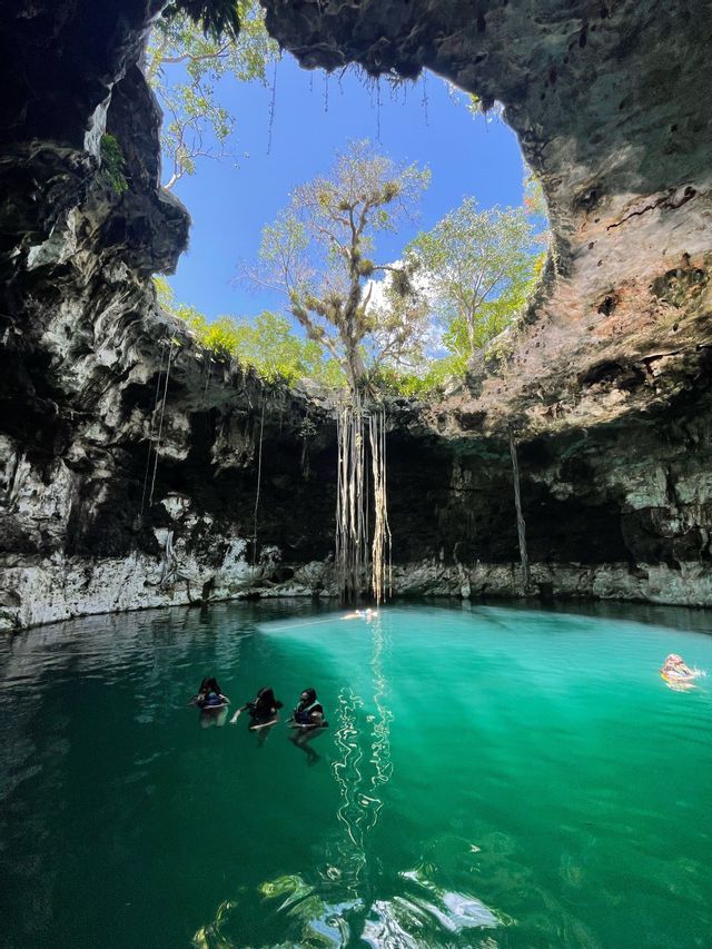 Un voyage de groupe WeRoad nage dans l'eau turquoise d'un cénote, avec la lumière du soleil traversant une grande ouverture dans le plafond de la grotte.