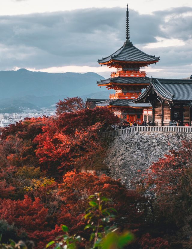 A traditional Japanese pagoda with red accents stands on a hill surrounded by trees with autumn foliage, overlooking a city and distant mountains.