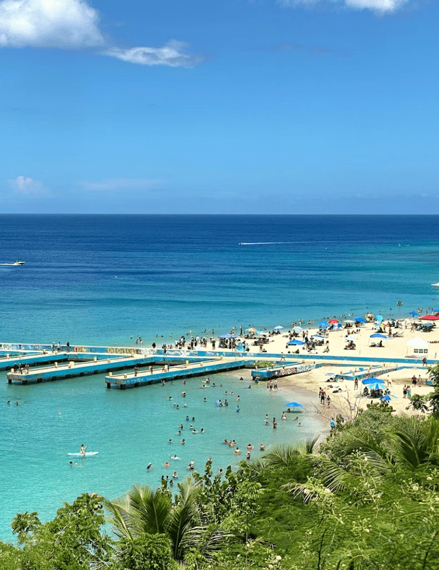 Una vista aérea de una playa concurrida donde la gente nada en aguas turquesas y se relaja en la arena junto a largos muelles azules.