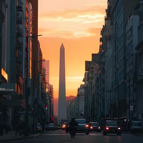Un alto obelisco bianco visto da una strada cittadina trafficata, incorniciato da edifici contro un vibrante tramonto arancione.