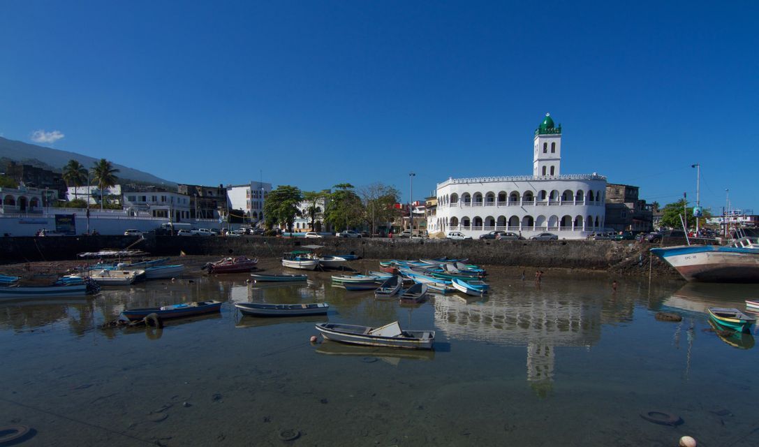 Una moschea bianca con cupola verde si riflette in un porto tranquillo dove piccole imbarcazioni sono ormeggiate in una giornata di sole.