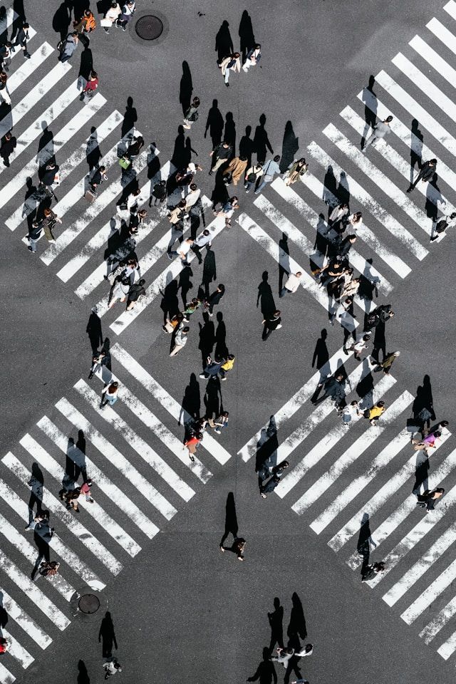 An aerial top-down view of pedestrians casting long shadows as they walk across white-striped crosswalks on a street.