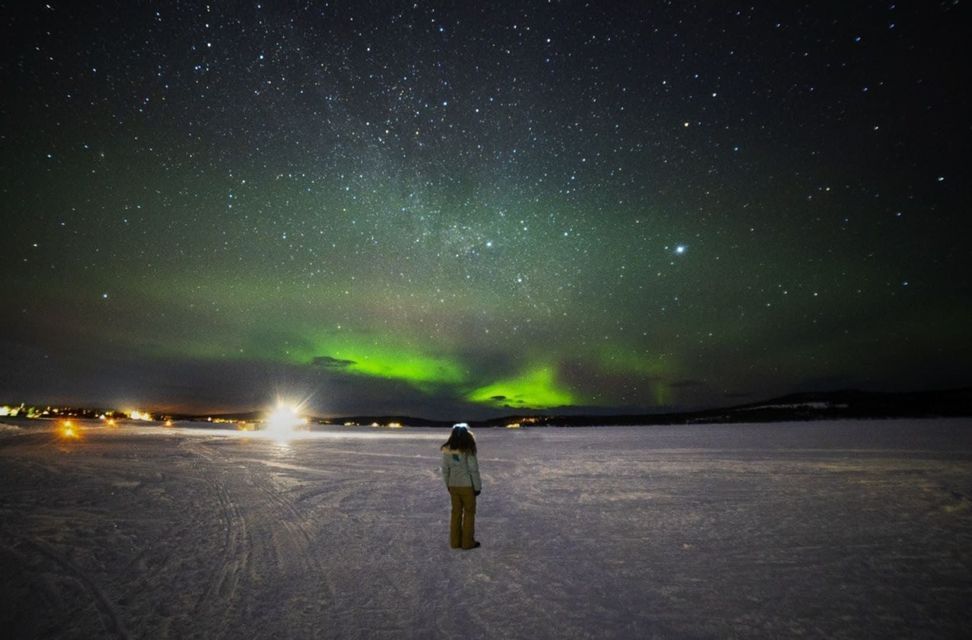 Una persona di spalle si erge su un paesaggio innevato di notte, ammirando l'aurora boreale verde e un cielo stellato.