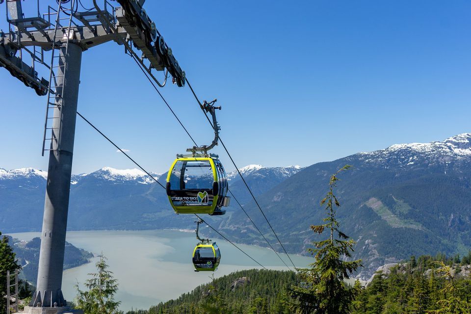 Two gondola cars travel on a cableway high above a forested landscape with a body of water and snow-capped mountains.