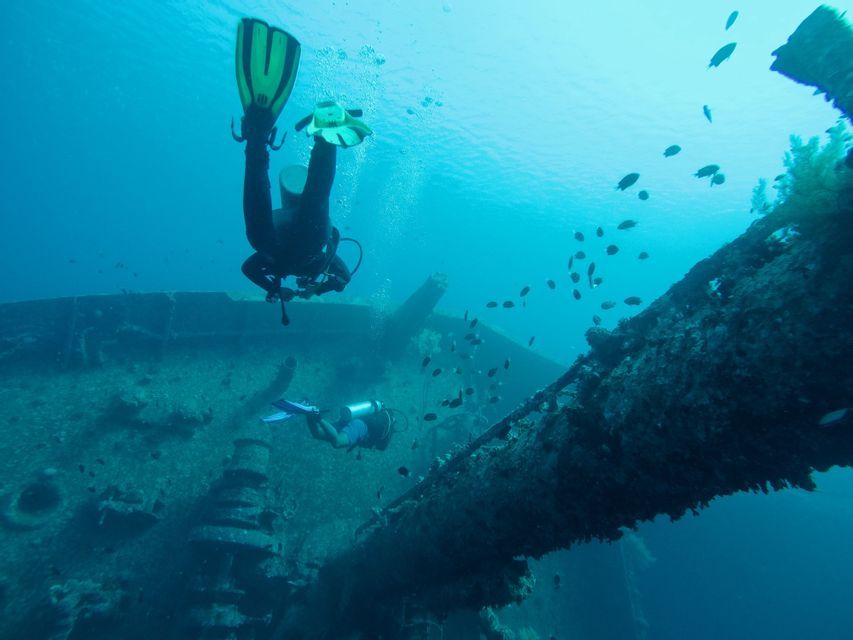 Dos buceadores de un viaje en grupo de WeRoad exploran un naufragio sumergido, con cardúmenes de peces pequeños nadando a su alrededor.