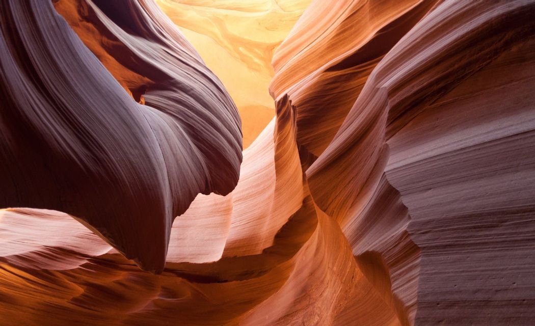Sunlight illuminates the smooth, flowing curves of orange and purple sandstone walls inside a narrow slot canyon.