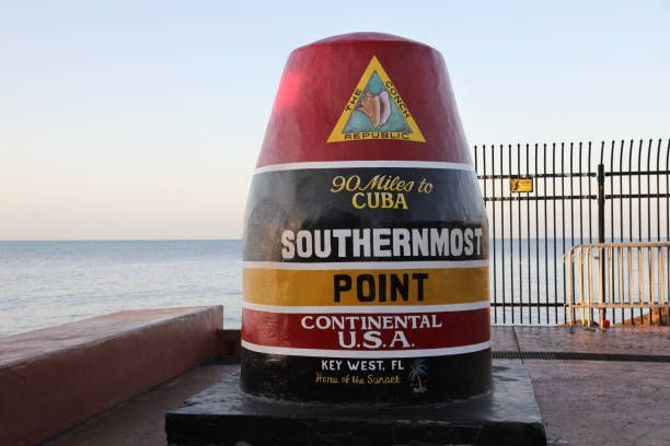 The Southernmost Point buoy monument in Key West, Florida, with the ocean visible in the background under a pale sky.