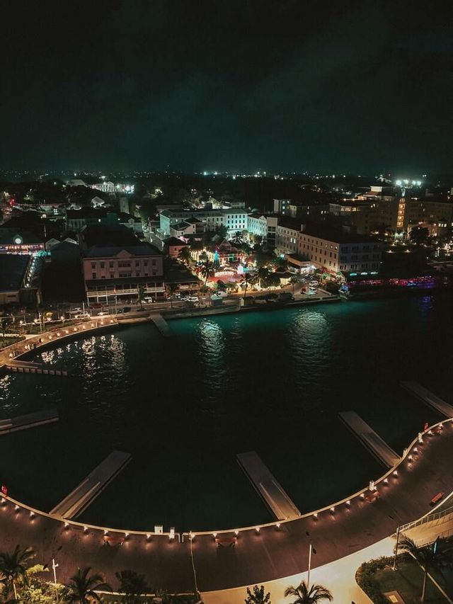 A high-angle view of a coastal city and its curved harbor illuminated by lights under a dark night sky.