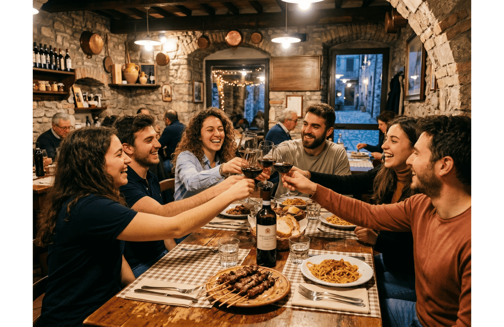 Un viaggio di gruppo WeRoad con persone che ridono e brindano con calici di vino rosso durante una cena in un ristorante rustico con pareti in pietra.