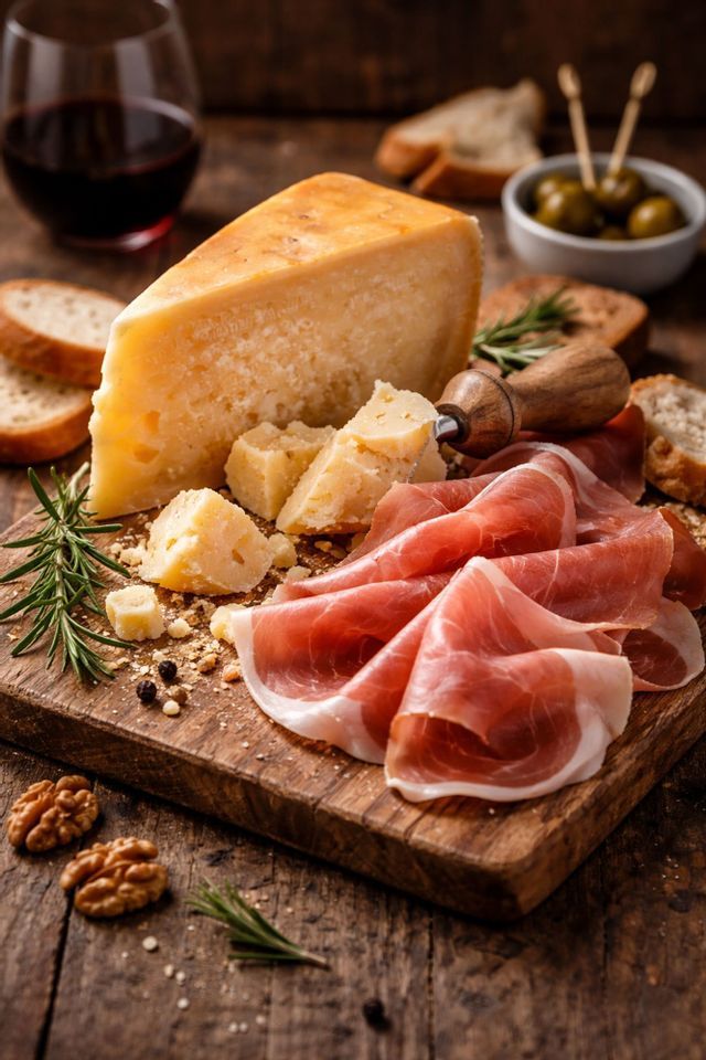 Uno spicchio di formaggio stagionato e prosciutto affettato su un tagliere di legno con vino, pane, olive e noci.