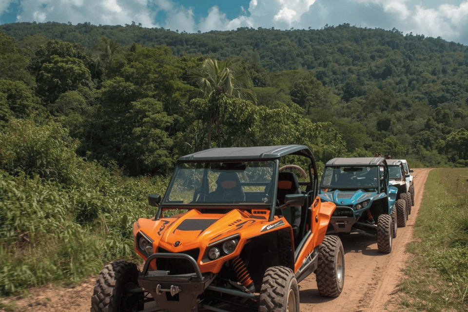 Un viaggio di gruppo WeRoad a bordo di una fila di buggy fuoristrada colorati, su una strada sterrata accanto a una collina lussureggiante e alberata.