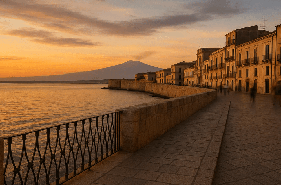 Una passeggiata in pietra si snoda lungo il mare vicino a una storica città costiera, con un grande vulcano in lontananza sotto un cielo al tramonto dorato.