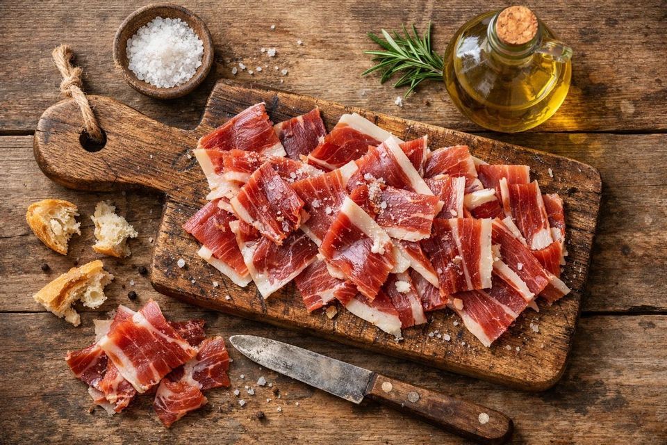 An overhead shot of sliced cured ham on a wooden board, garnished with salt, bread, olive oil, and a knife.