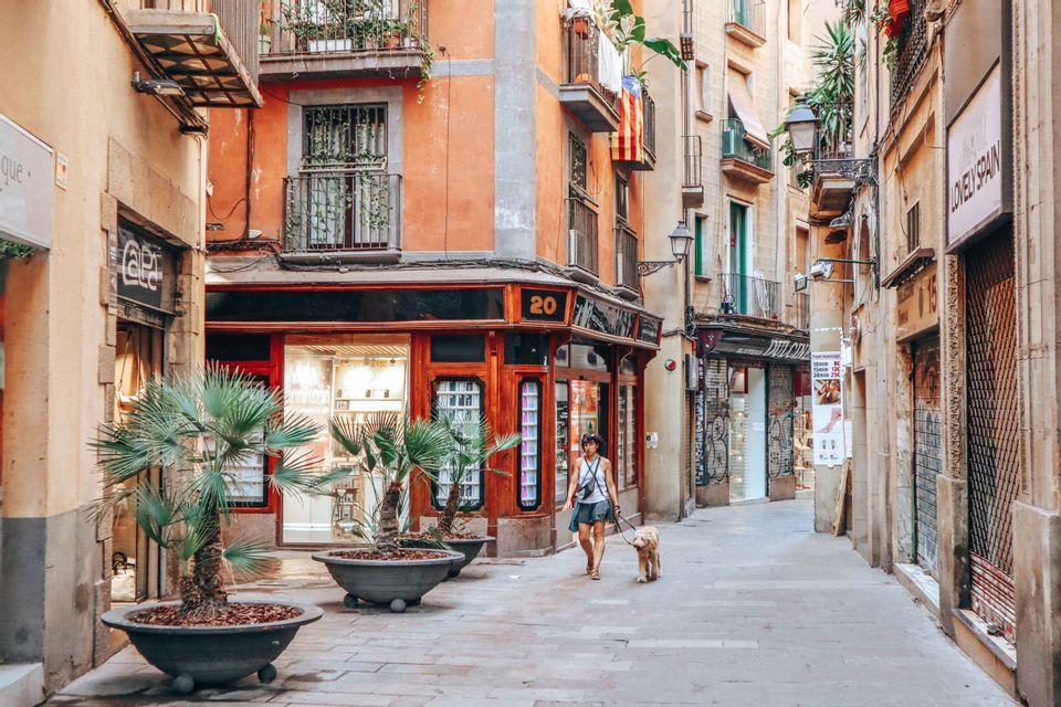 A woman walks her dog on a leash down a narrow cobblestone alley flanked by old buildings with balconies.