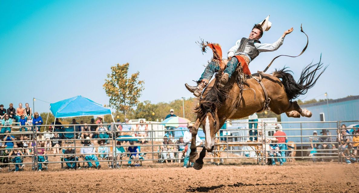A cowboy rides a bucking horse in mid-air during a rodeo competition as an audience watches from behind a fence.