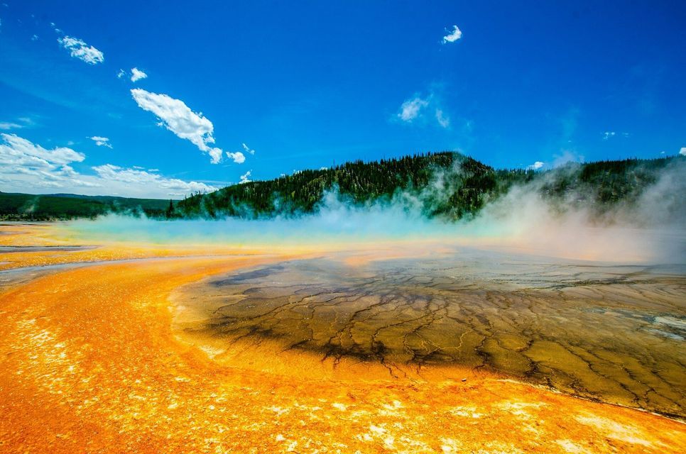 Vibrant orange mineral deposits surround a steaming geothermal hot spring with a forested hill under a bright blue sky.