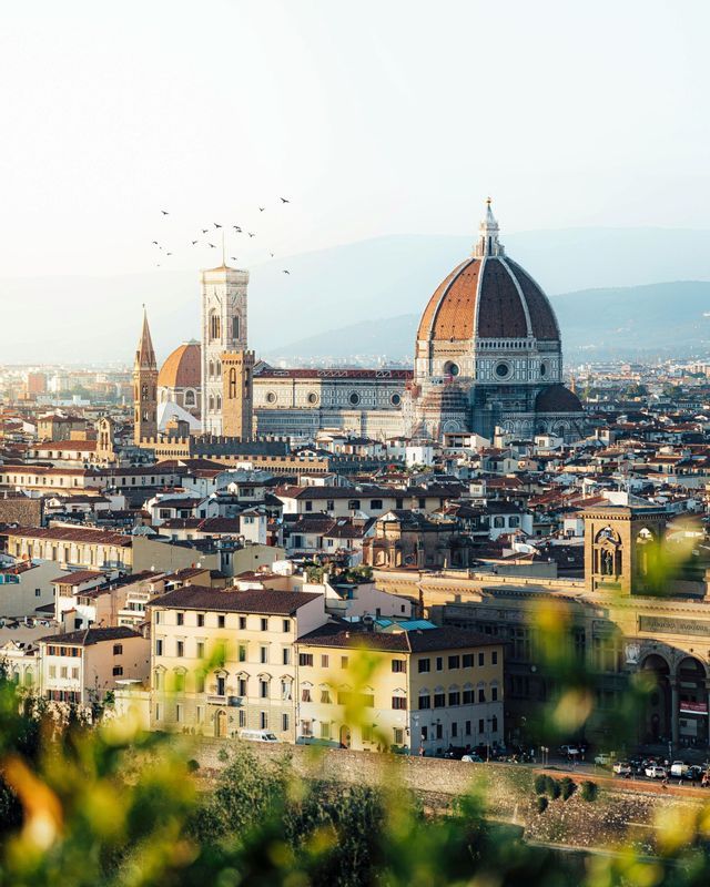 Un paesaggio urbano illuminato dal sole, con al centro una grande cattedrale dalla cupola in terracotta e un campanile, mentre uccelli volano nel cielo.
