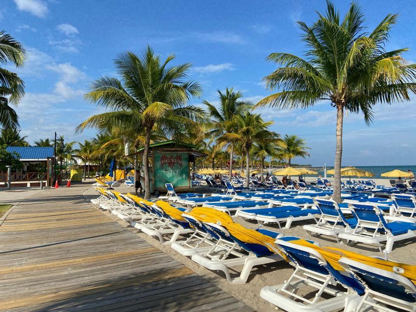 Rows of empty blue lounge chairs sit on a sandy beach next to a wooden boardwalk, with palm trees and the ocean in the background.