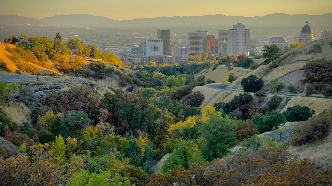 A city skyline with skyscrapers and a capitol building viewed from rolling hills with colorful autumn trees at sunset.