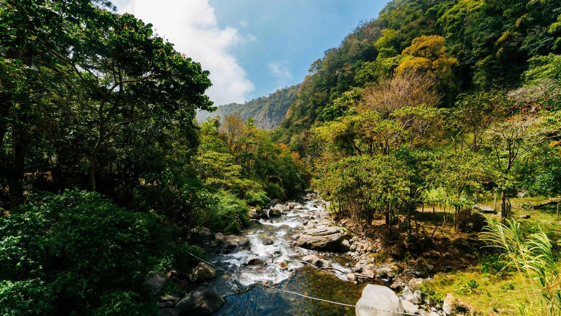 Un fiume roccioso scorre attraverso una valle circondata da montagne lussureggianti e boscose sotto un cielo azzurro parzialmente nuvoloso.