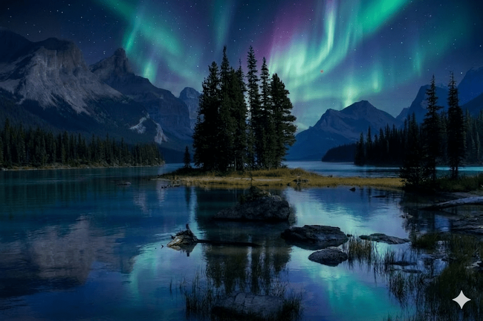 The green and purple Aurora Borealis glows over a calm lake with a small, tree-covered island, surrounded by mountains at night.