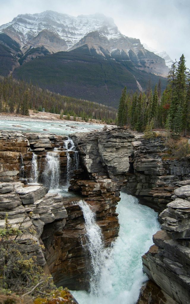 A waterfall cascades through a rocky canyon, with a large, snow-capped mountain rising above an evergreen forest in the background.