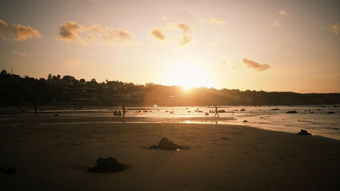 Sagome di persone su una spiaggia sabbiosa e nell'oceano durante un tramonto dorato su una costa collinare.