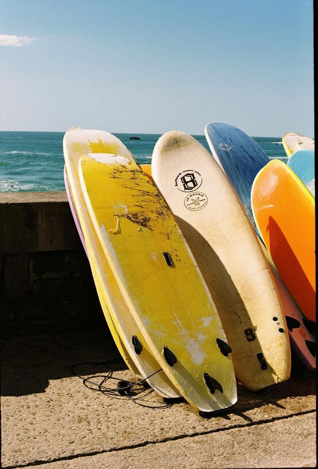 Una fila di tavole da surf colorate è appoggiata a un muretto di cemento, con l'oceano blu visibile sullo sfondo.