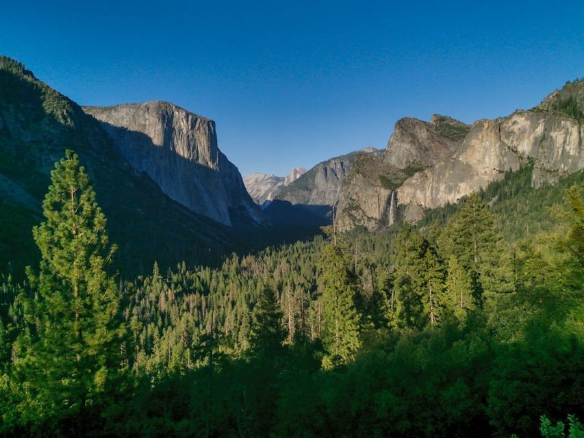 Una vasta valle, ricca di una fitta pineta, circondata da alte scogliere di granito e una cascata distante sotto un cielo azzurro e limpido.