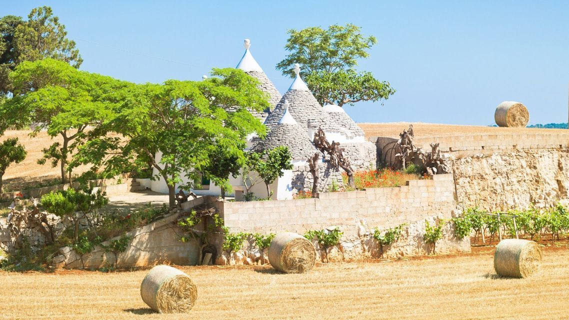 I trulli tradizionali con tetti conici in pietra si ergono su un pendio terrazzato, accanto a un campo con balle di fieno rotonde.