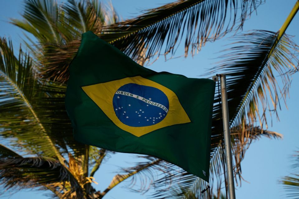 Una bandiera brasiliana sventola su un pennone sullo sfondo di fronde di palma e un cielo azzurro limpido.