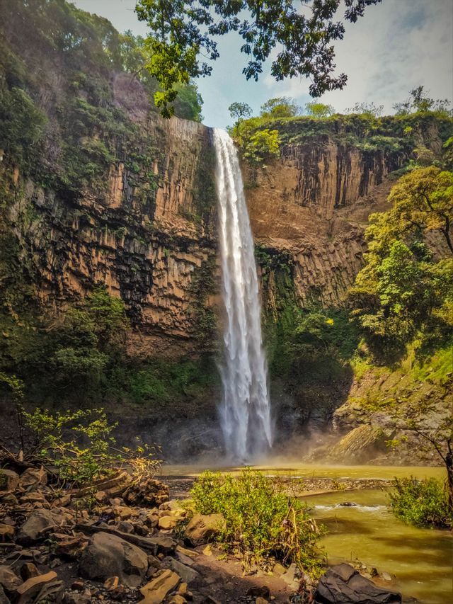 Una cascata alta e stretta si riversa da una scogliera rocciosa e ricoperta di vegetazione in un fiume torbido, incorniciata da rami d'albero.