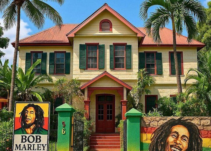 El exterior del Museo Bob Marley, de color amarillo, una casa de dos pisos con persianas verdes y ribetes rojos, detrás de un portón con retratos del artista.