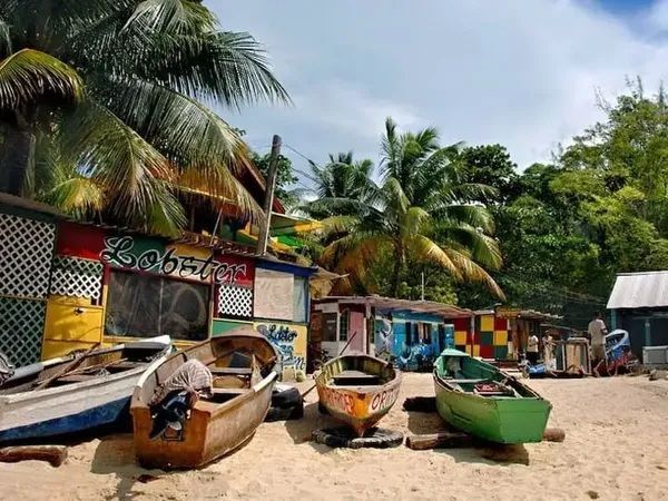 Varios botes pequeños y coloridos descansan en una playa de arena frente a una cabaña rústica y exuberantes palmeras.